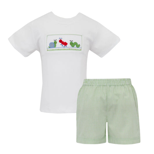 Anavini Backyard Bugs Green Check Boys Shorts Set