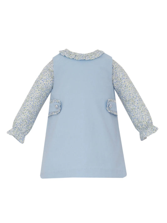 Petit Bebe Light Blue Cord Jumper with Floral Blouse