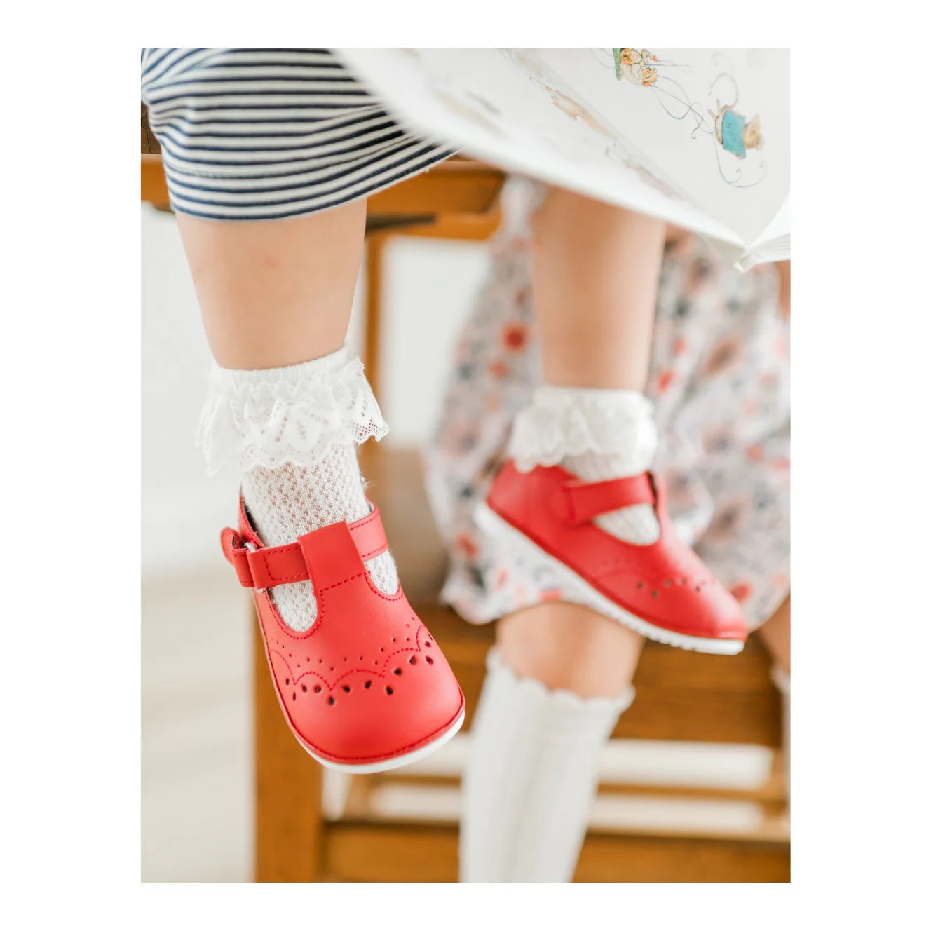 L'Amour Shoes Birdie Leather T-Strap Mary Jane-- Red