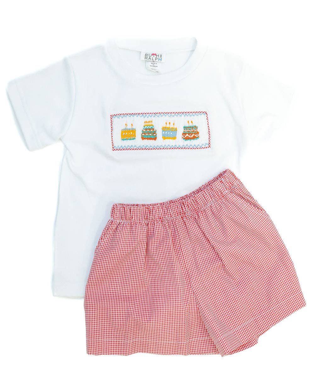 Ruth and Ralph Red Birthday Cakes Smocked Beau T-Shirt/Shorts Set