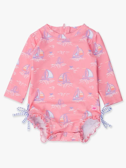 Rufflebutts Pink Seas the Day Long Sleeve One Piece Rash Guard Swimsuit