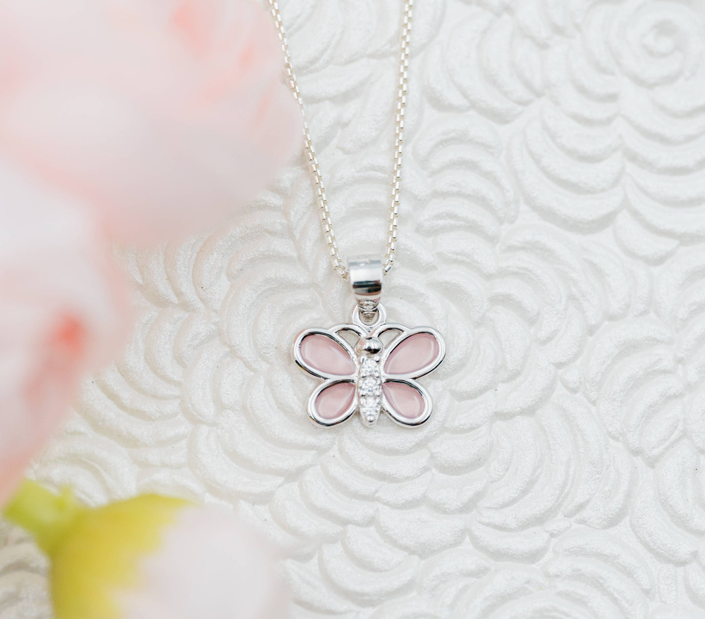 Girls Sterling Silver Pink Butterfly Necklace with CZs