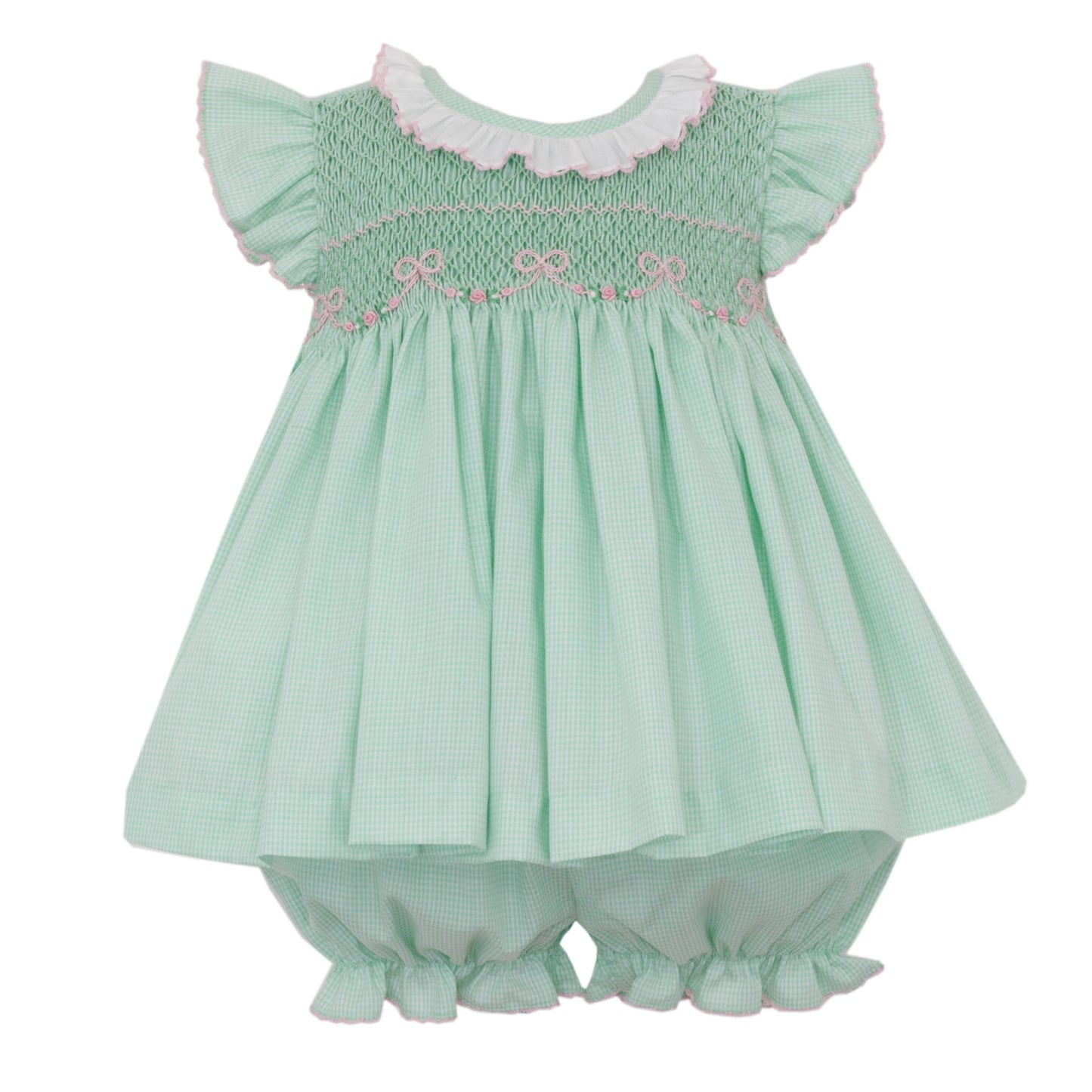 Anavini Harper Lt Green Mini Gingham Angel Wing Set with Pink Bows