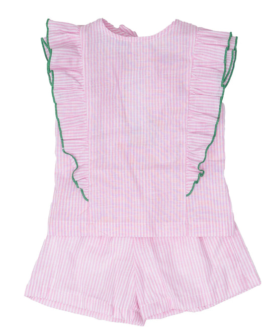 The Oaks Frances Pink Stripe with Green Trim Shorts Set