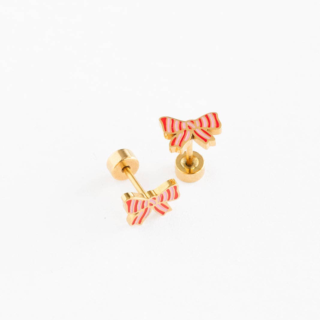 Pip Pop Post Striped Bow Stud Earrings - Hypoallergenic, Flat Back, Girl