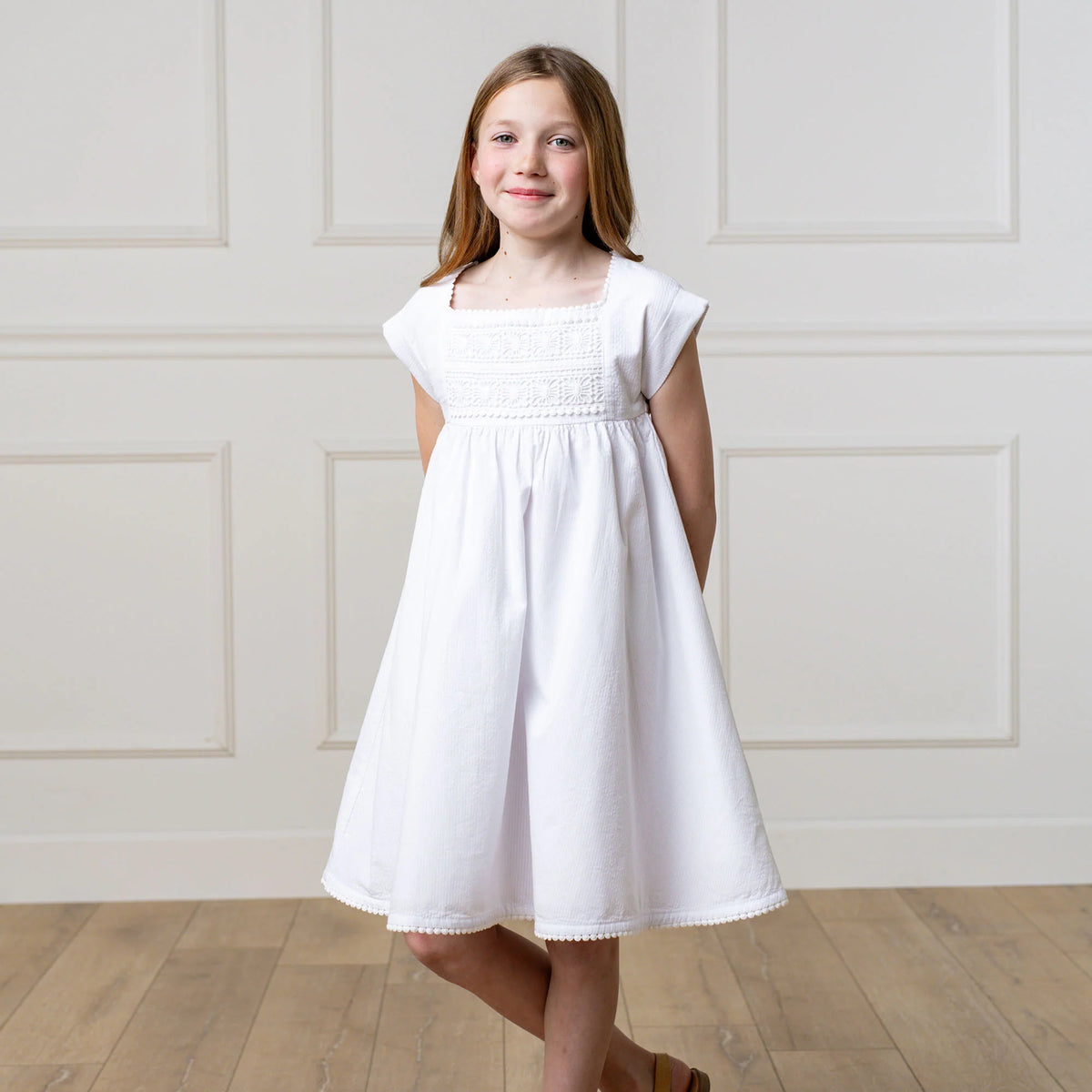 Hope and Henry Seersucker Empire Waist Dress--White Seersucker