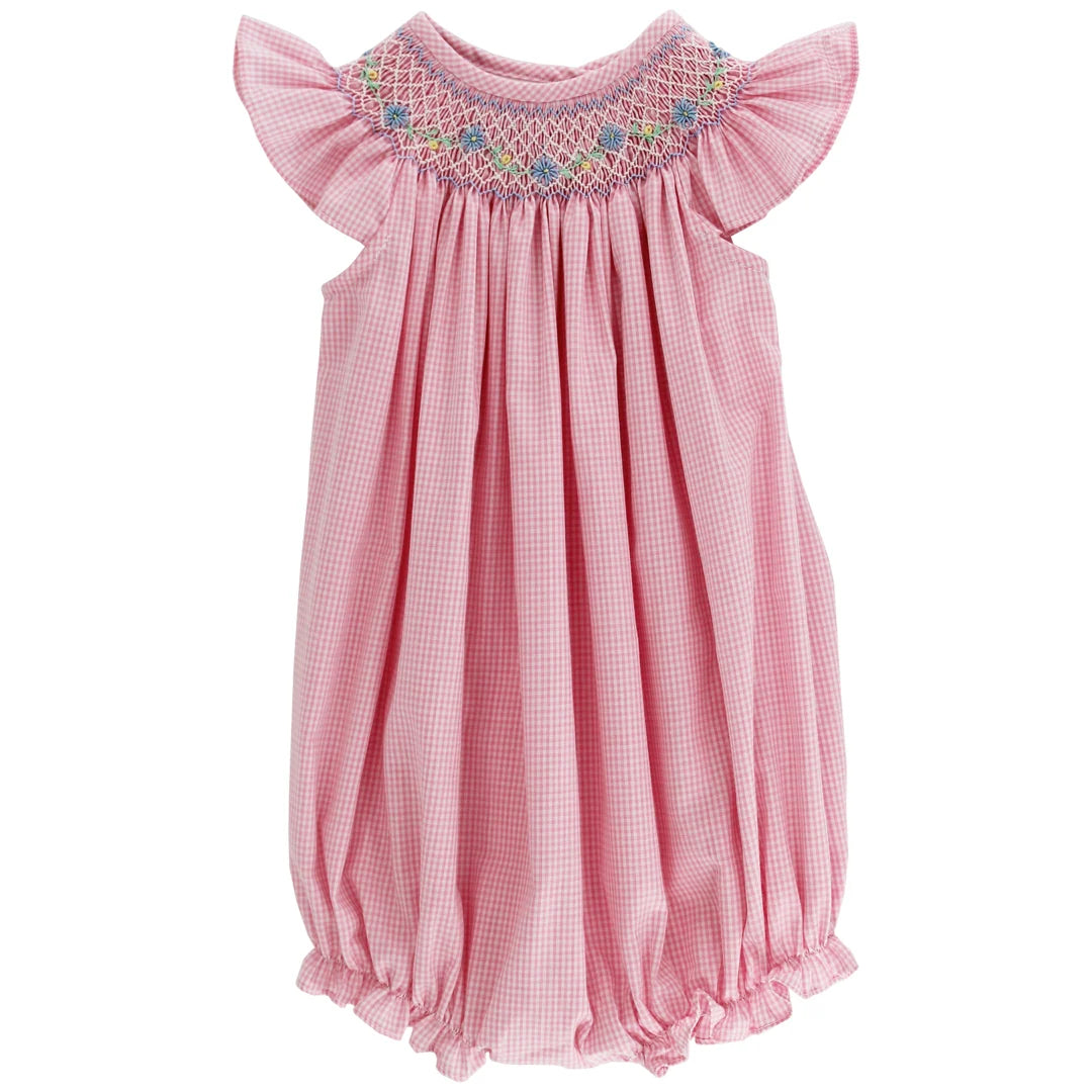 Bailey Boys Peri Floral with Pink Check Smocked Bishop Romper