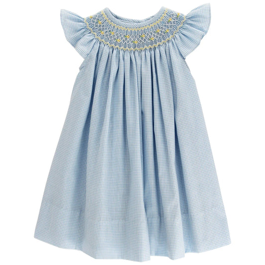 Bailey Boys Sunshine Floral with Blue Check Smocked Bishop Dress