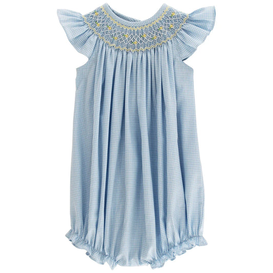 Bailey Boys Sunshine Floral with Blue Check Smocked Bishop Romper