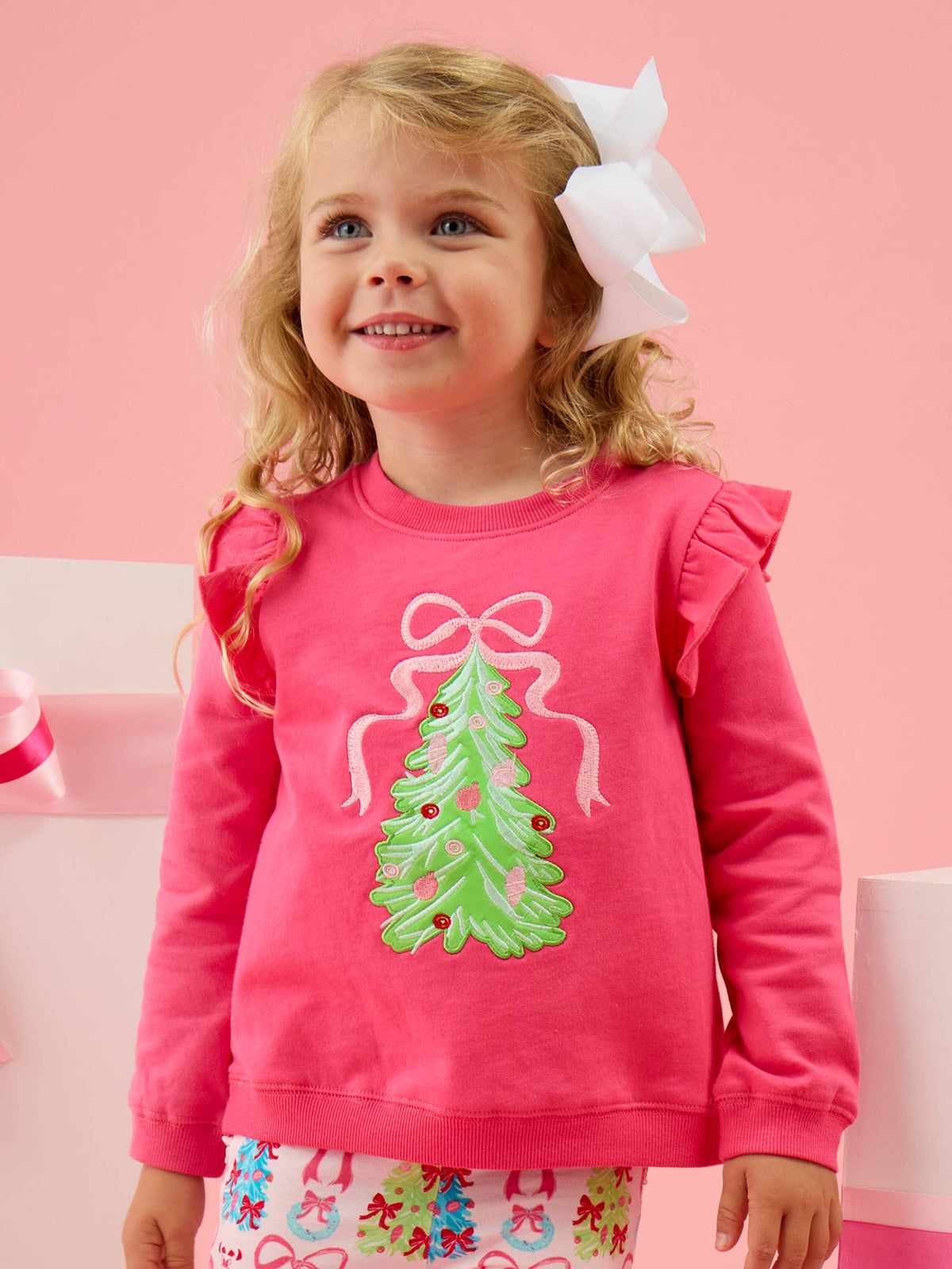 Rufflebutts Christmas Tree Hot Pink Bow Applique Flutter Sweatshirt/Flare Pant Set
