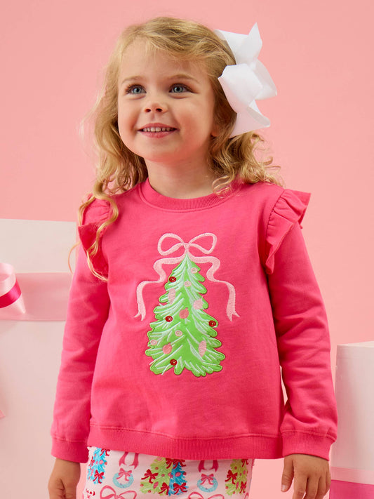 Rufflebutts Christmas Tree Hot Pink Bow Applique Flutter Sweatshirt/Flare Pant Set