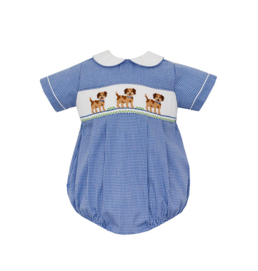 Anavini Puppies Royal Blue Gingham Boys Short Sleeve Bubble