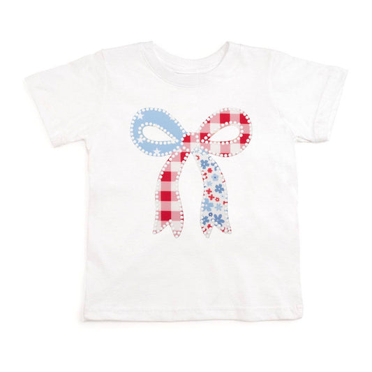 Sweet Wink Patchwork Bow Patch Short Sleeve T-Shirt - Fourth of July