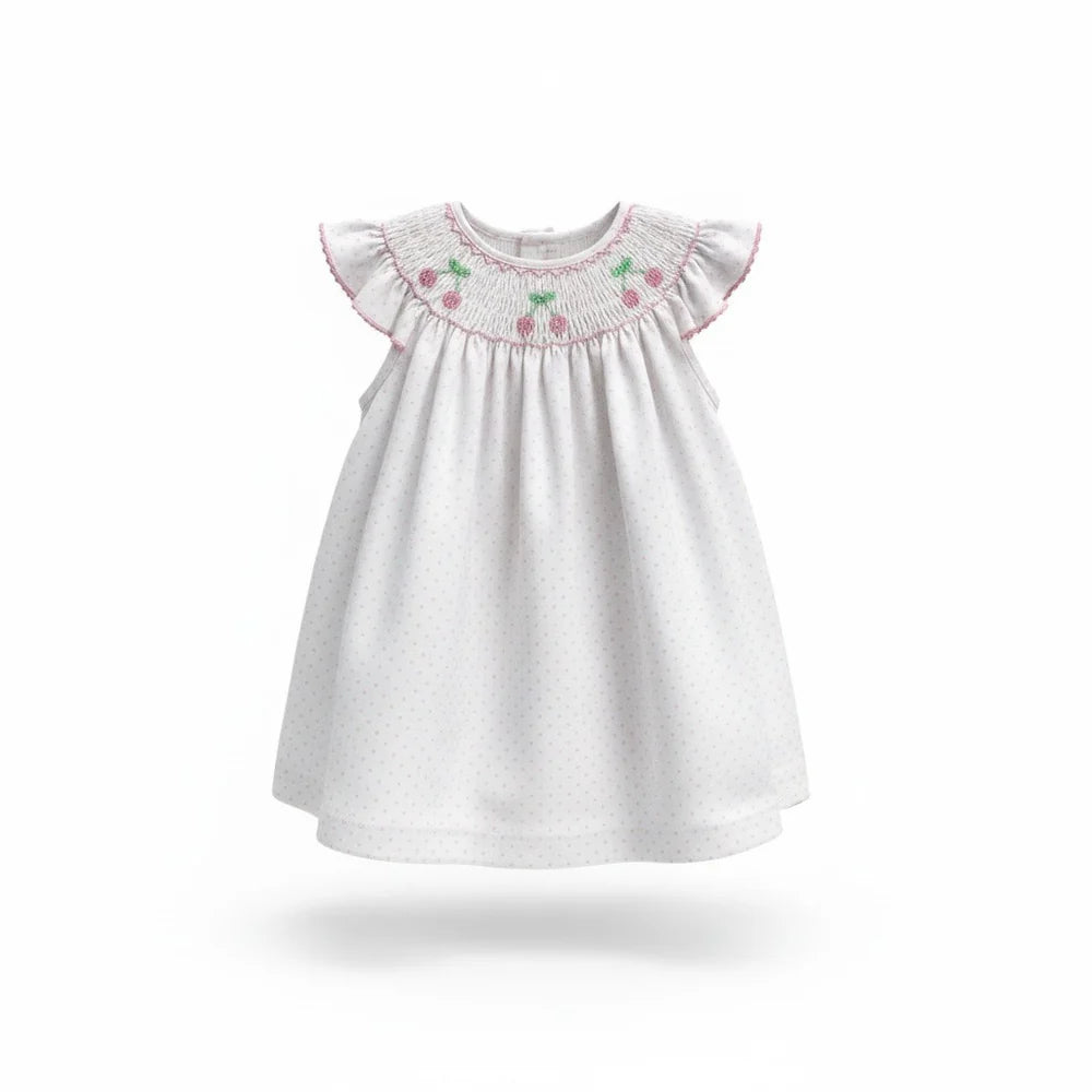 Petit Bebe Cherry Pink and White Knit Dot Sleeveless Dress