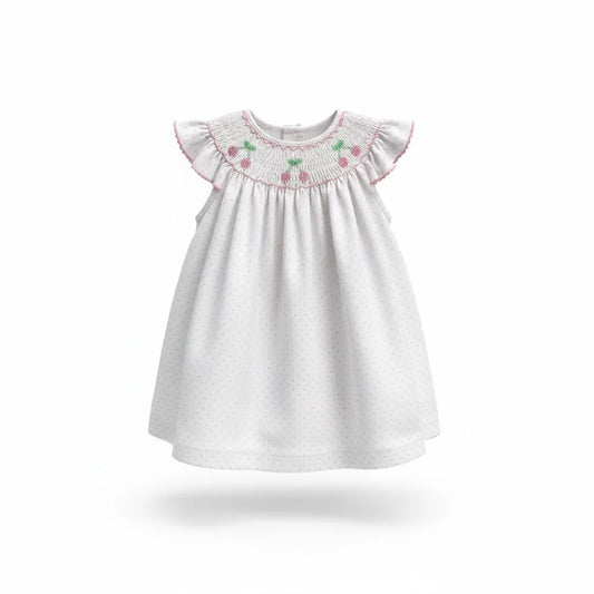 Petit Bebe Cherry Pink and White Knit Dot Sleeveless Dress