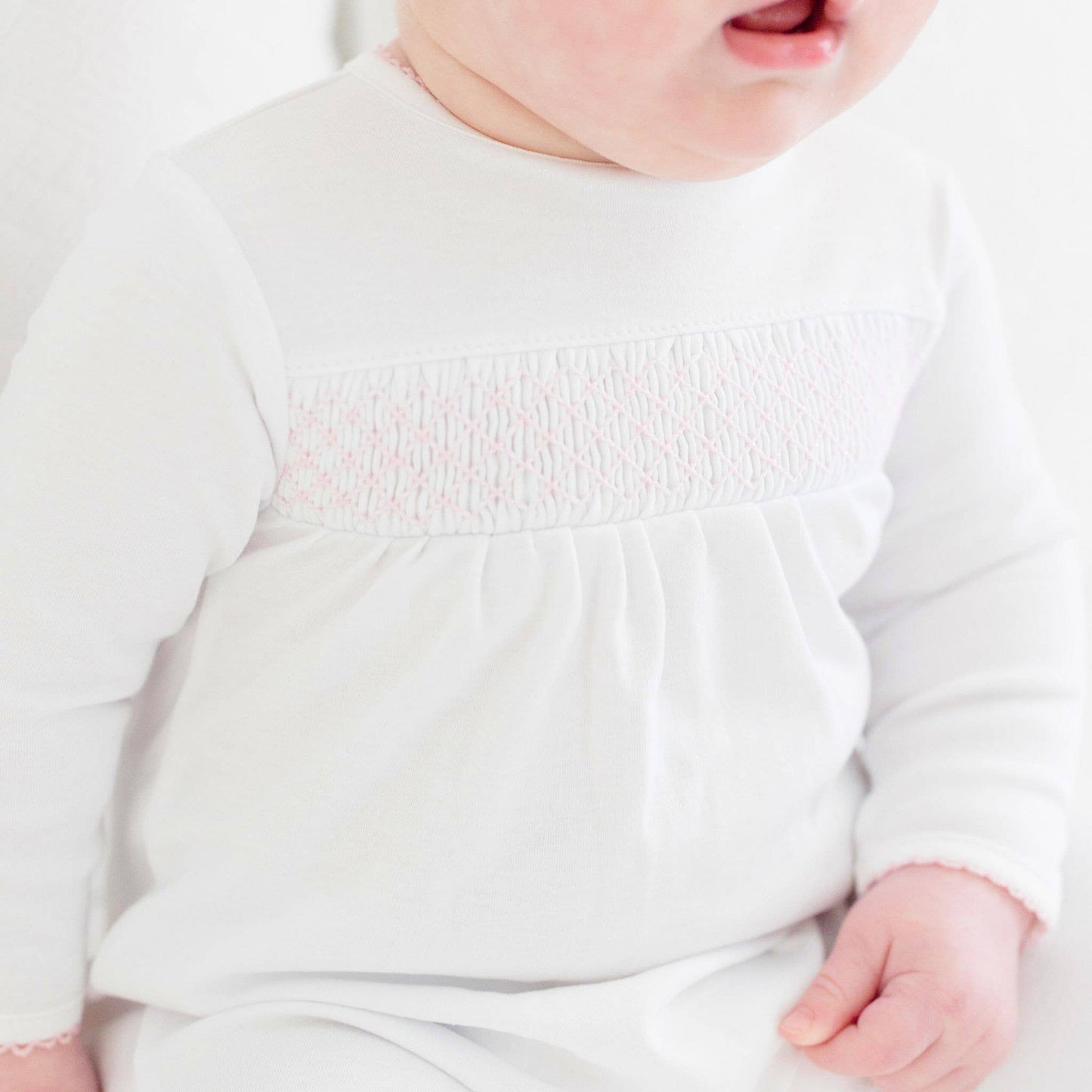 Magnolia Baby White with Pink Trim Smocked Footie