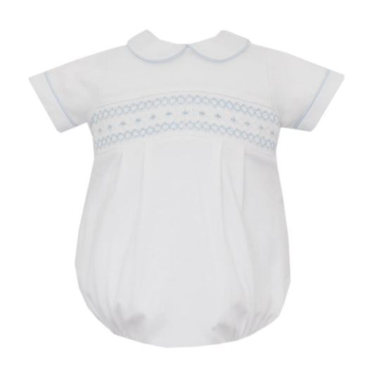 Petit Bebe Noa White Blue Knit Boy's Short Smocked Bubble