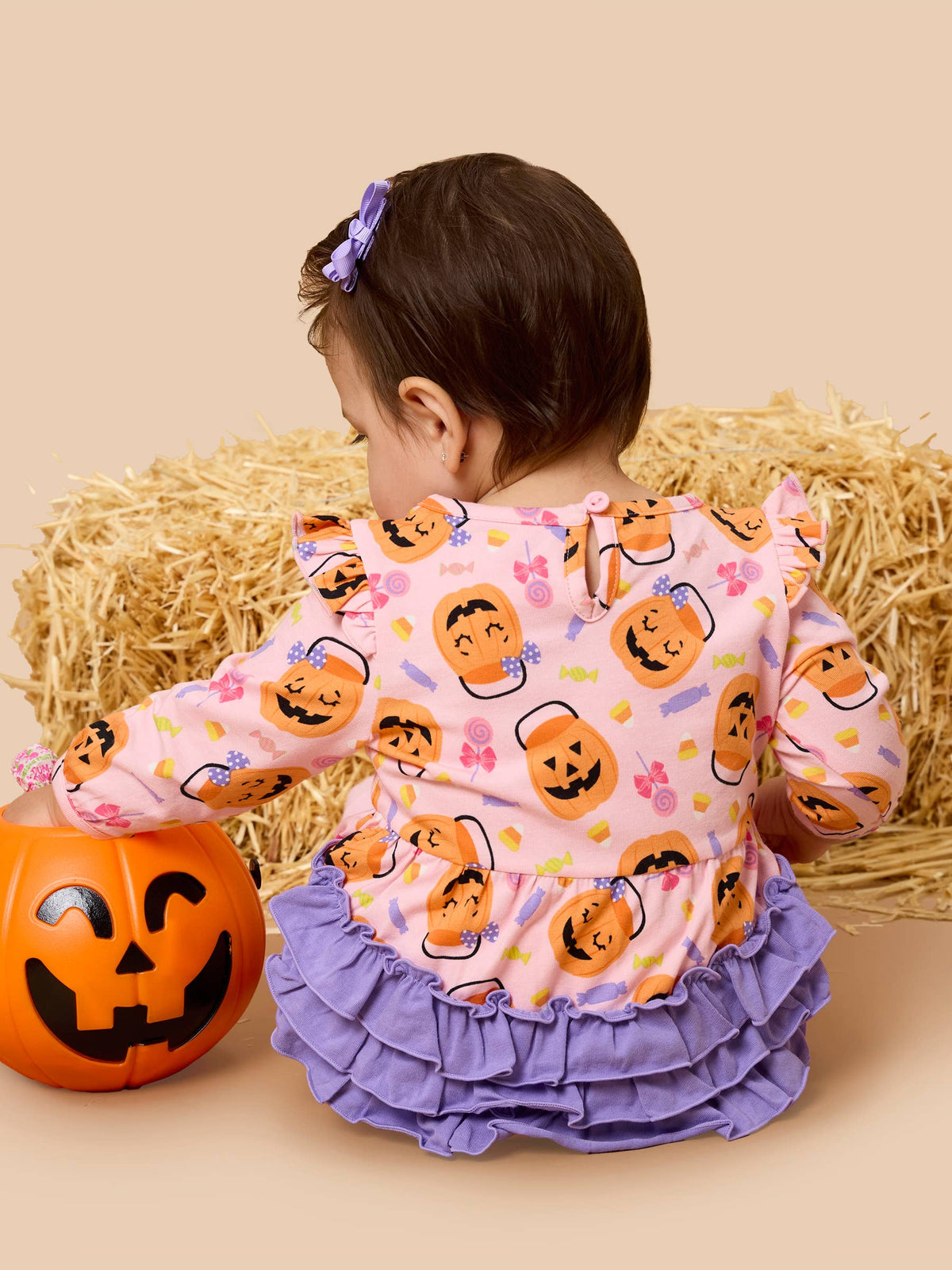 Rufflebutts Pumpkin Boo Crew Knit Long Sleeve Flutter Bubble Romper