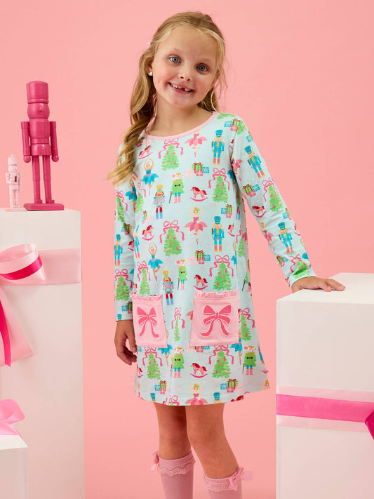 Rufflebutts Girls Nutcracker Christmas Wishes Knit A-line Applique Pockets Dress