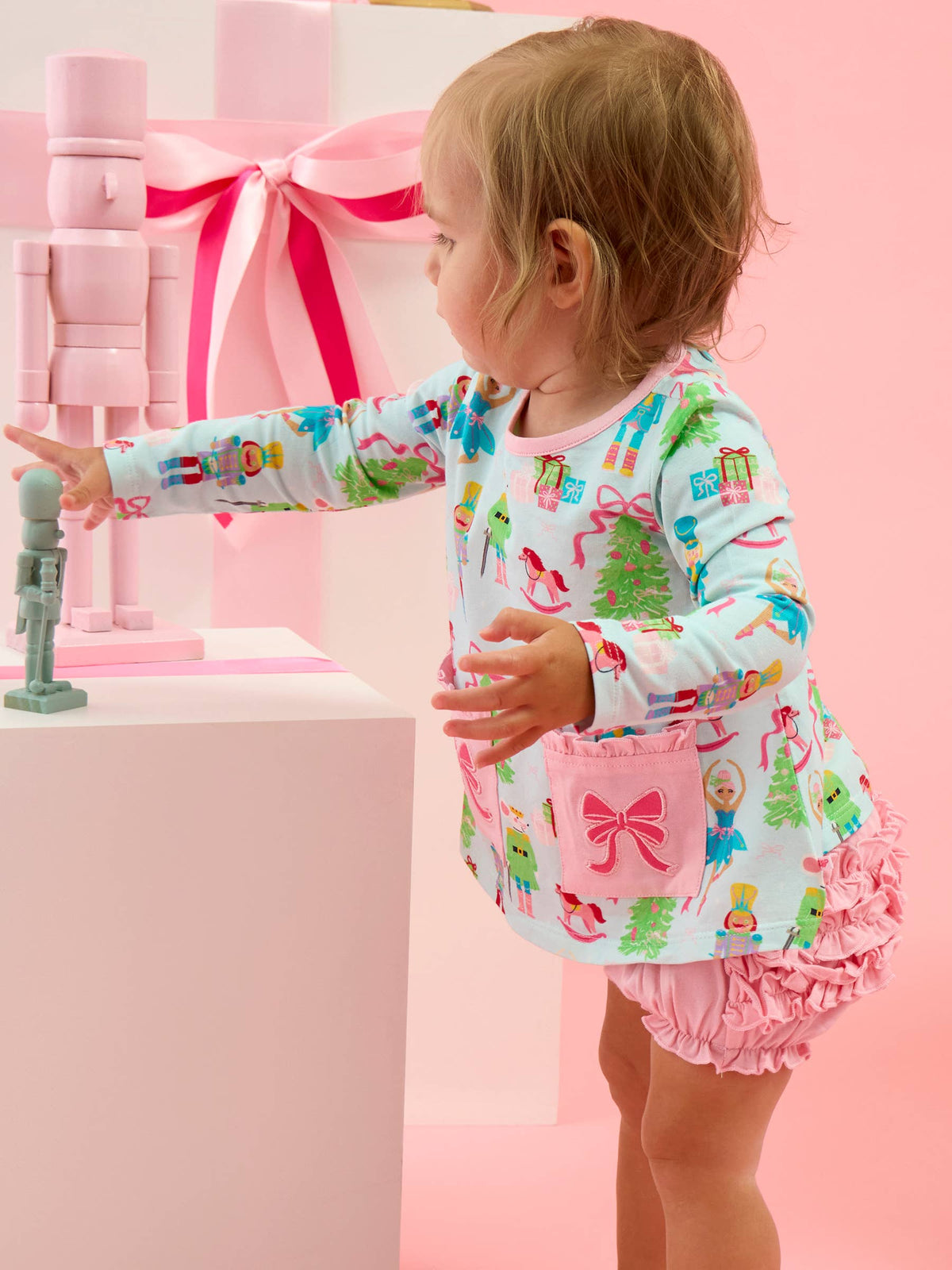Rufflebutts Nutcracker Christmas Wishes Knit Long Sleeve Applique Pocket Swing Top & Ruffle Bloomer Set