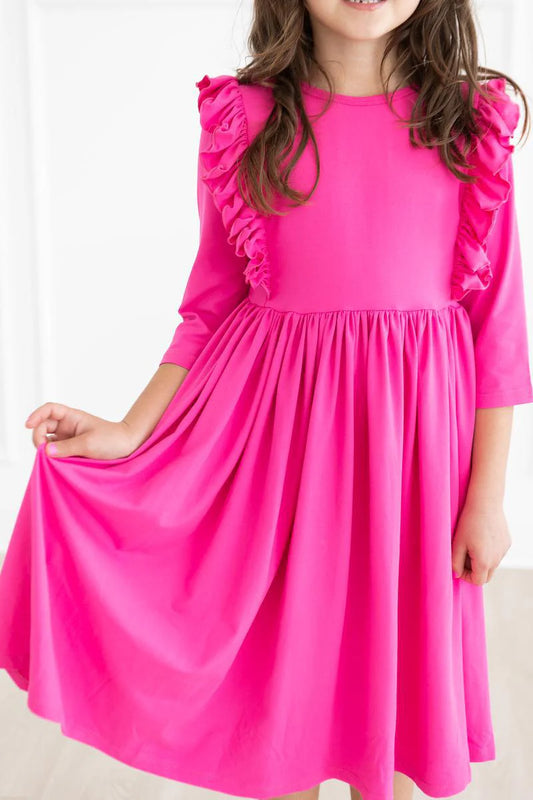 Mila and Rose Hot Pink 3/4 Sleeve Ruffle Twirl Dress