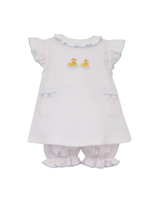 Petit Bebe Duckling Girl's Pink Knit Stripe Sleeveless Bloomer Set