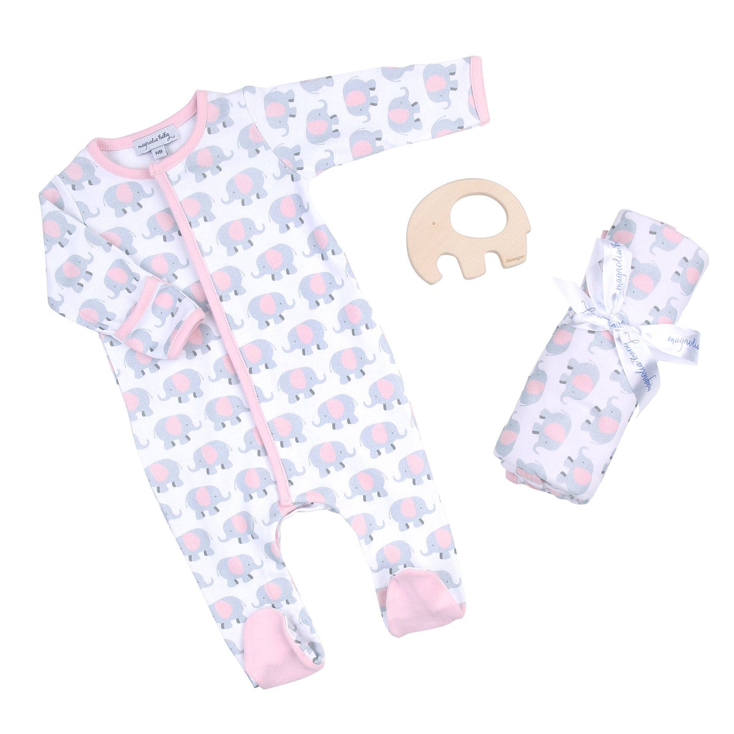 Magnolia Baby Pink Elephant Gift Set - Footie + Blanket + Teether