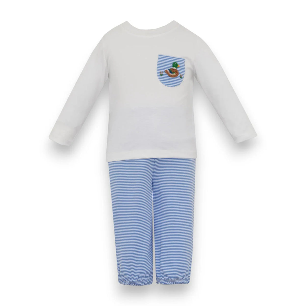 Petit Bebe Mallard Blue Knit Pant Set with White Shirt