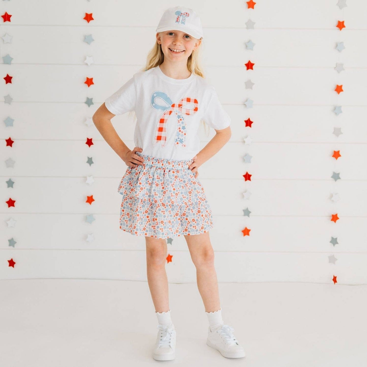 Sweet Wink Patchwork Bow Patch Short Sleeve T-Shirt - Fourth of July