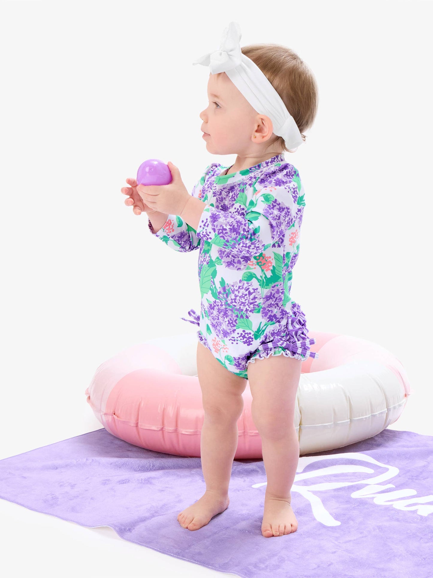 Rufflebutts Baby Girls Purple Hydrangea Garden Long Sleeve One Piece Rash Guard Swimsuit with Signature Rear Ruffles