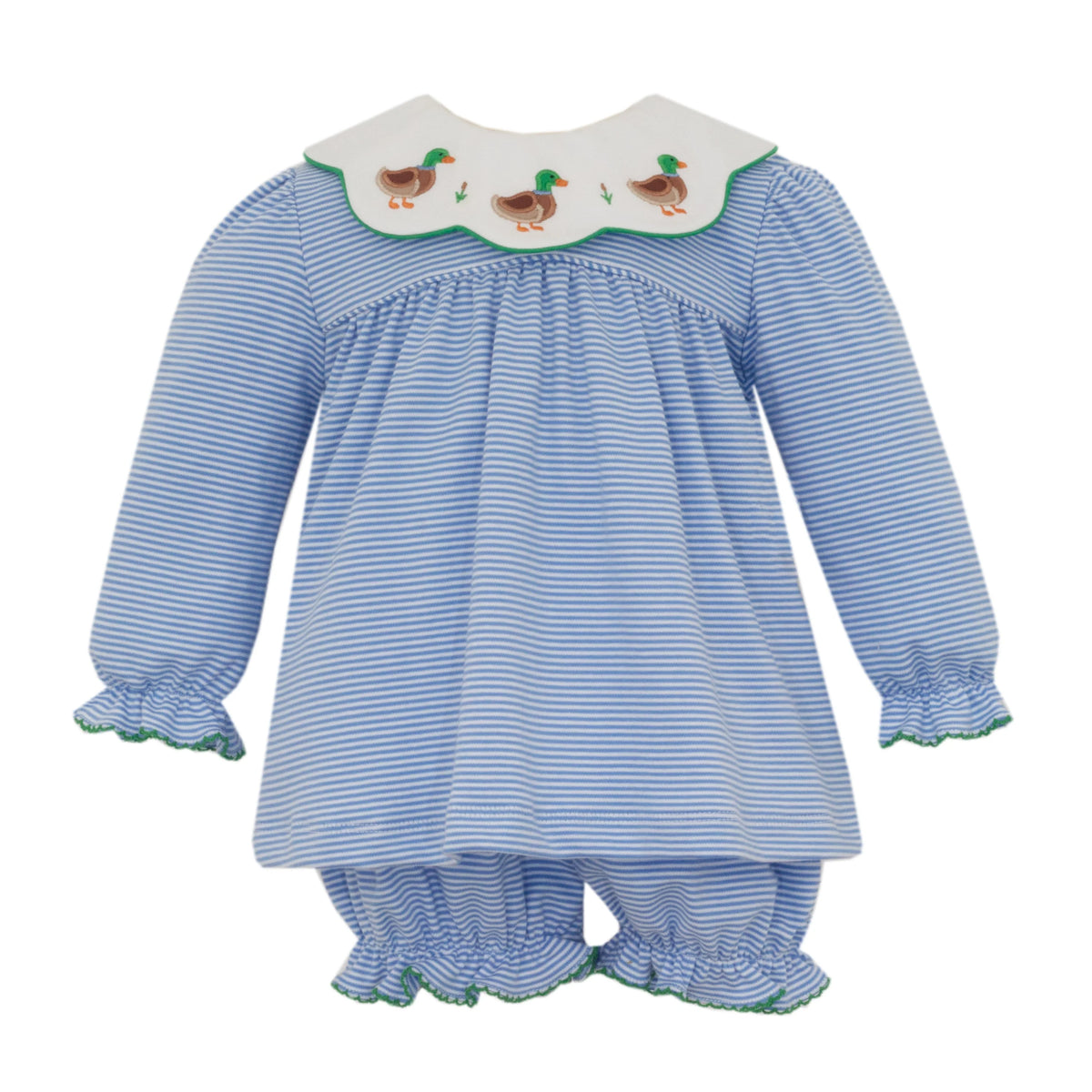 Claire and Charlie Mallard Duck Girl's Blue Striped Knit Bloomer Set