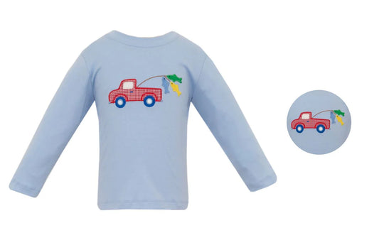 Claire and Charlie Light Blue Knit Boys T-Shirt--Trout Fishing