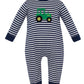 Claire and Charlie Boys Navy Striped Tractor Knit Long Romper
