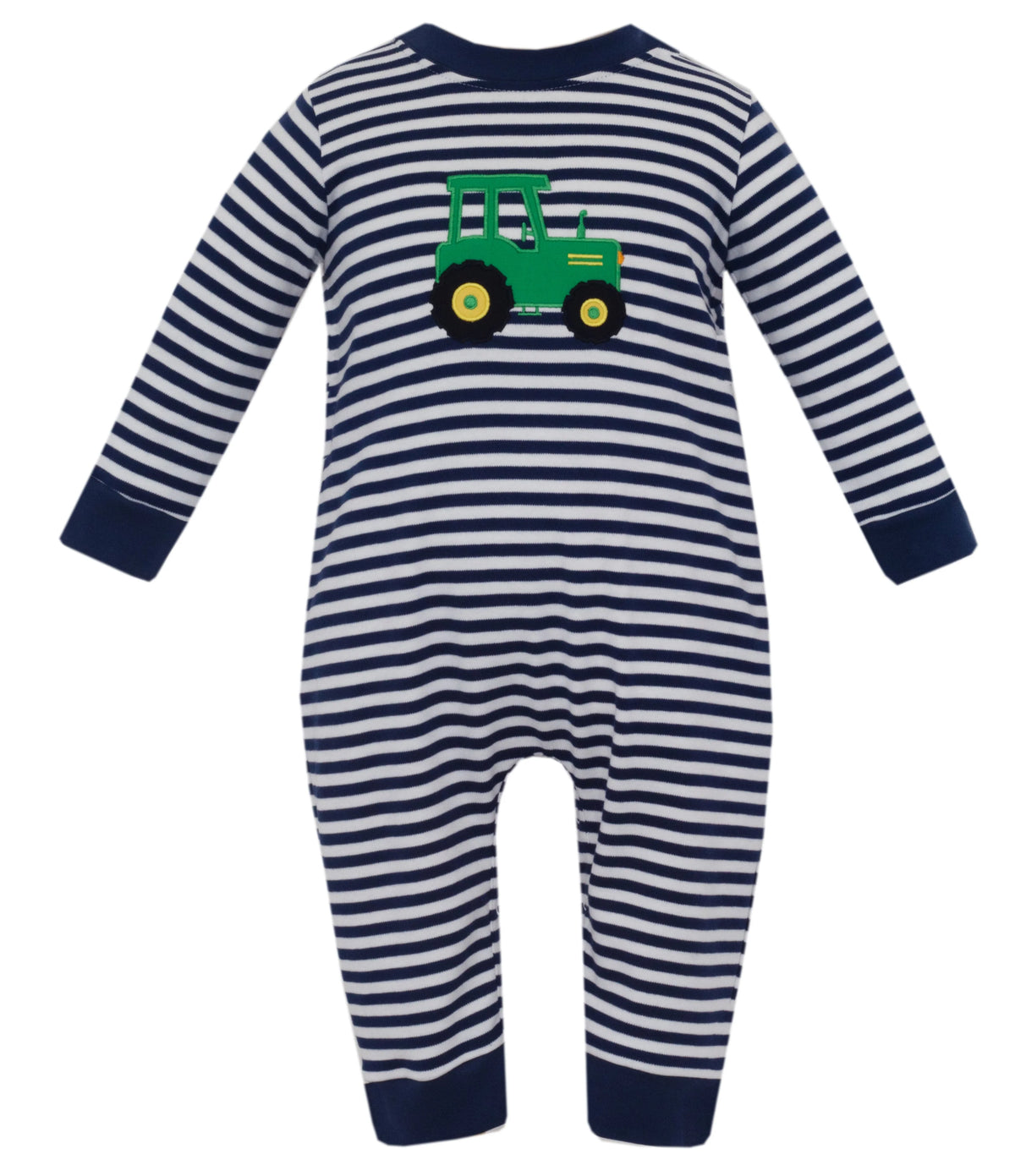 Claire and Charlie Boys Navy Striped Tractor Knit Long Romper