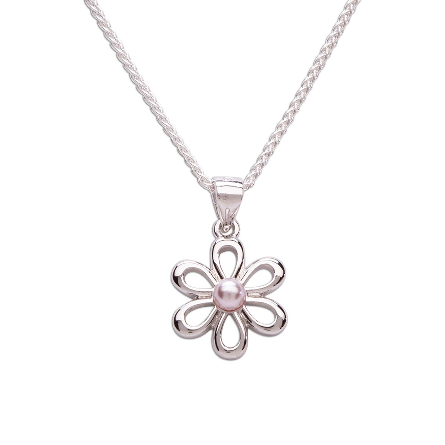 Sterling Silver Girls Pink Pearl Daisy Necklace for Kids