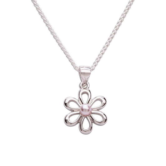 Sterling Silver Girls Pink Pearl Daisy Necklace for Kids