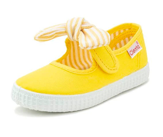 Cienta Amarillo Yellow with Yellow Striped Bow Mary Jane Style Sneakers