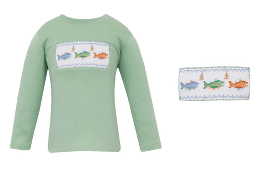 Anavini Sage Green Knit Smocked Boys Long Sleeve T-Shirt with Trout Fishing