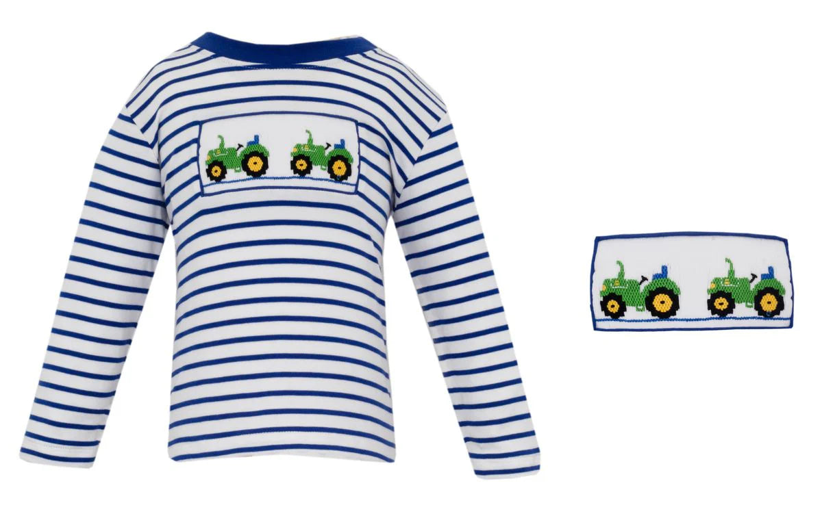 Anavini Royal Blue Stripe Knit Boys Long Sleeve T-Shirt with Smocked Tractor
