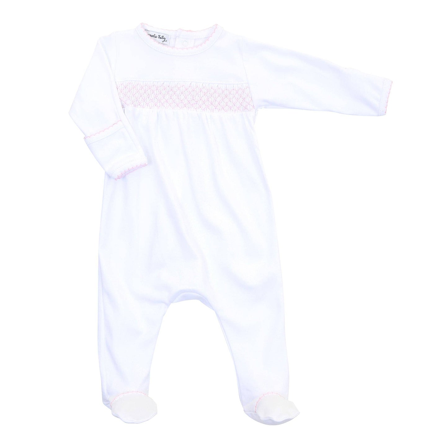 Magnolia Baby White with Pink Trim Smocked Footie