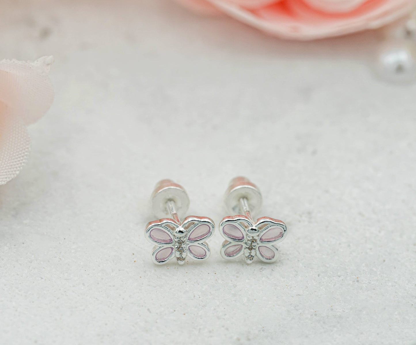 Sterling Silver Girls Screw-Back Pink Butterfly Earrings