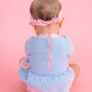 Rufflebutts Baby Girls Periwinkle Blue Seersucker Long Sleeve One Piece Bow Peplum Rash Guard Swimsuit with Signature Rear Ruffles