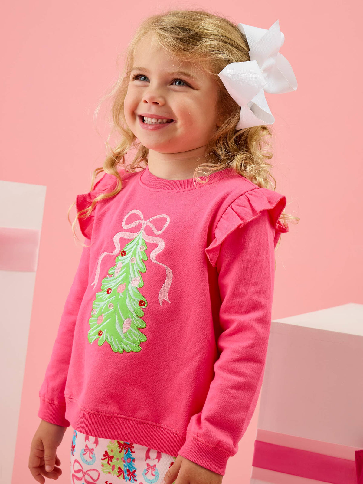 Rufflebutts Christmas Tree Hot Pink Bow Applique Flutter Sweatshirt/Flare Pant Set