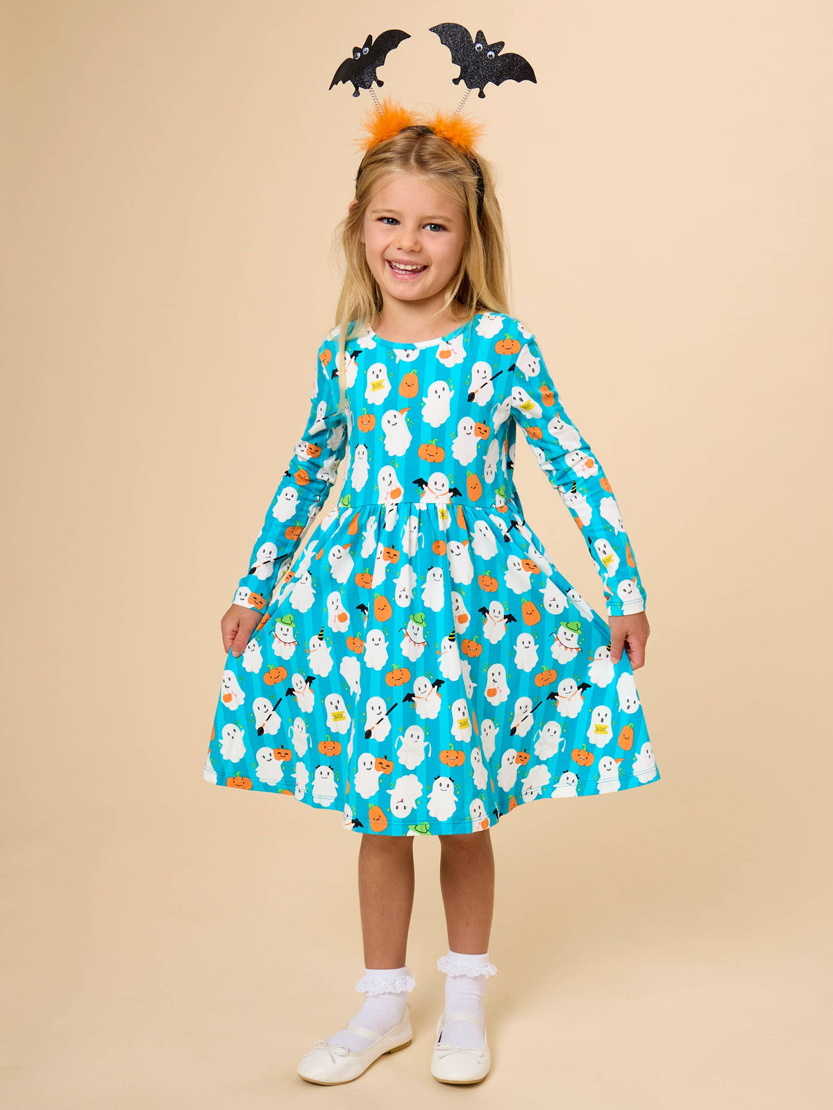 Rufflebutts Halloween Boo Bash Knit Long Sleeve Twirl Dress