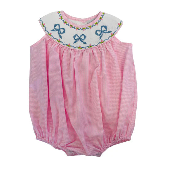 Delaney Girls Pink Check Sleeveless Yoke Smocked Bow Bloomer Set