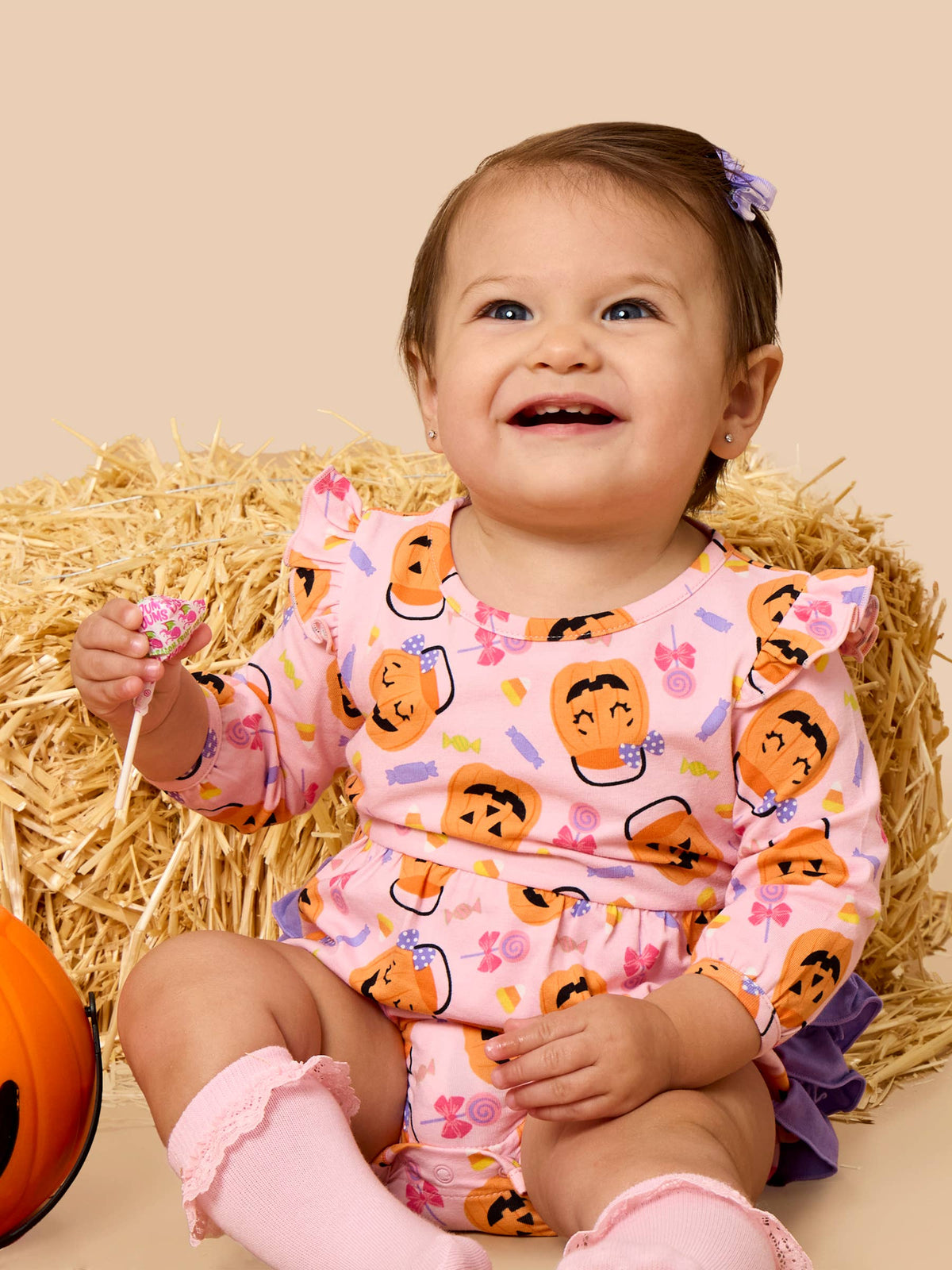 Rufflebutts Pumpkin Boo Crew Knit Long Sleeve Flutter Bubble Romper