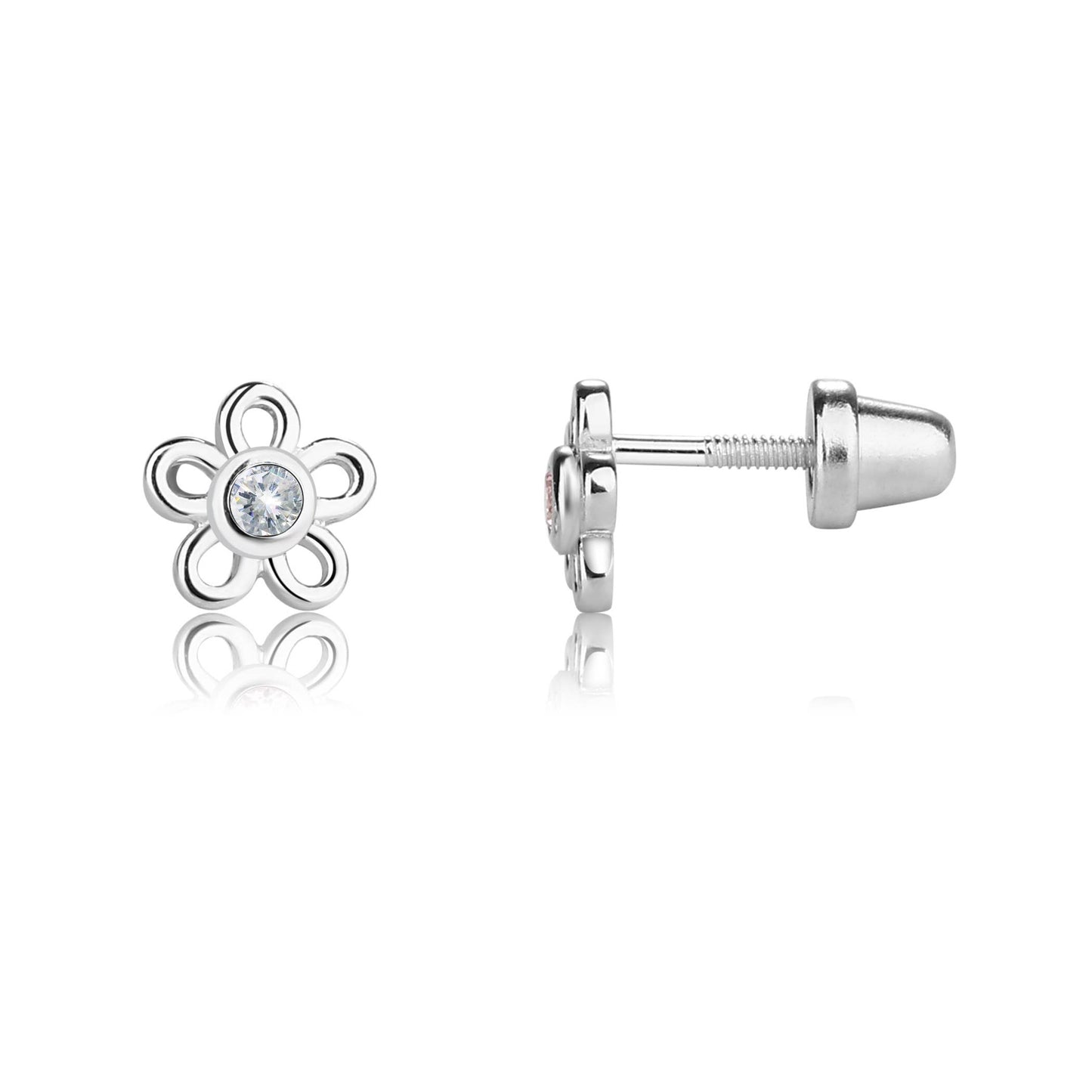 Sterling Silver Kids Screw-Back Outline Daisy Earrings Clear