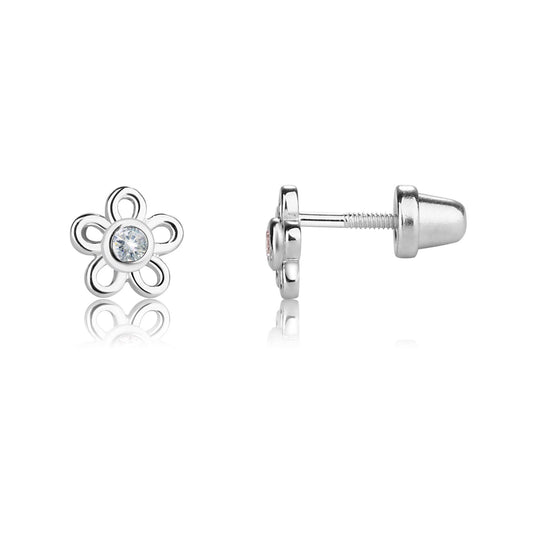 Sterling Silver Kids Screw-Back Outline Daisy Earrings Clear