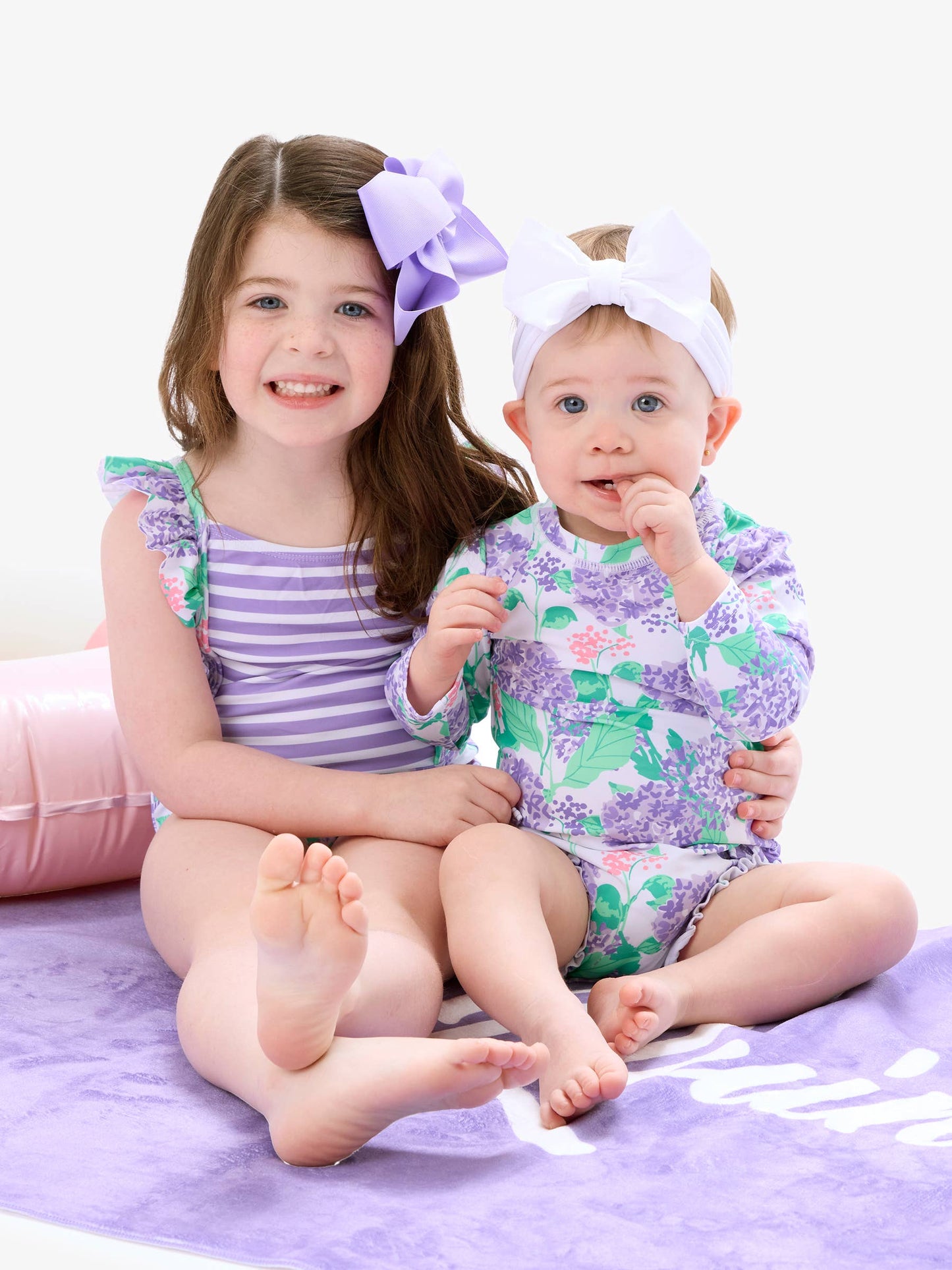 Rufflebutts Baby Girls Purple Hydrangea Garden Long Sleeve One Piece Rash Guard Swimsuit with Signature Rear Ruffles