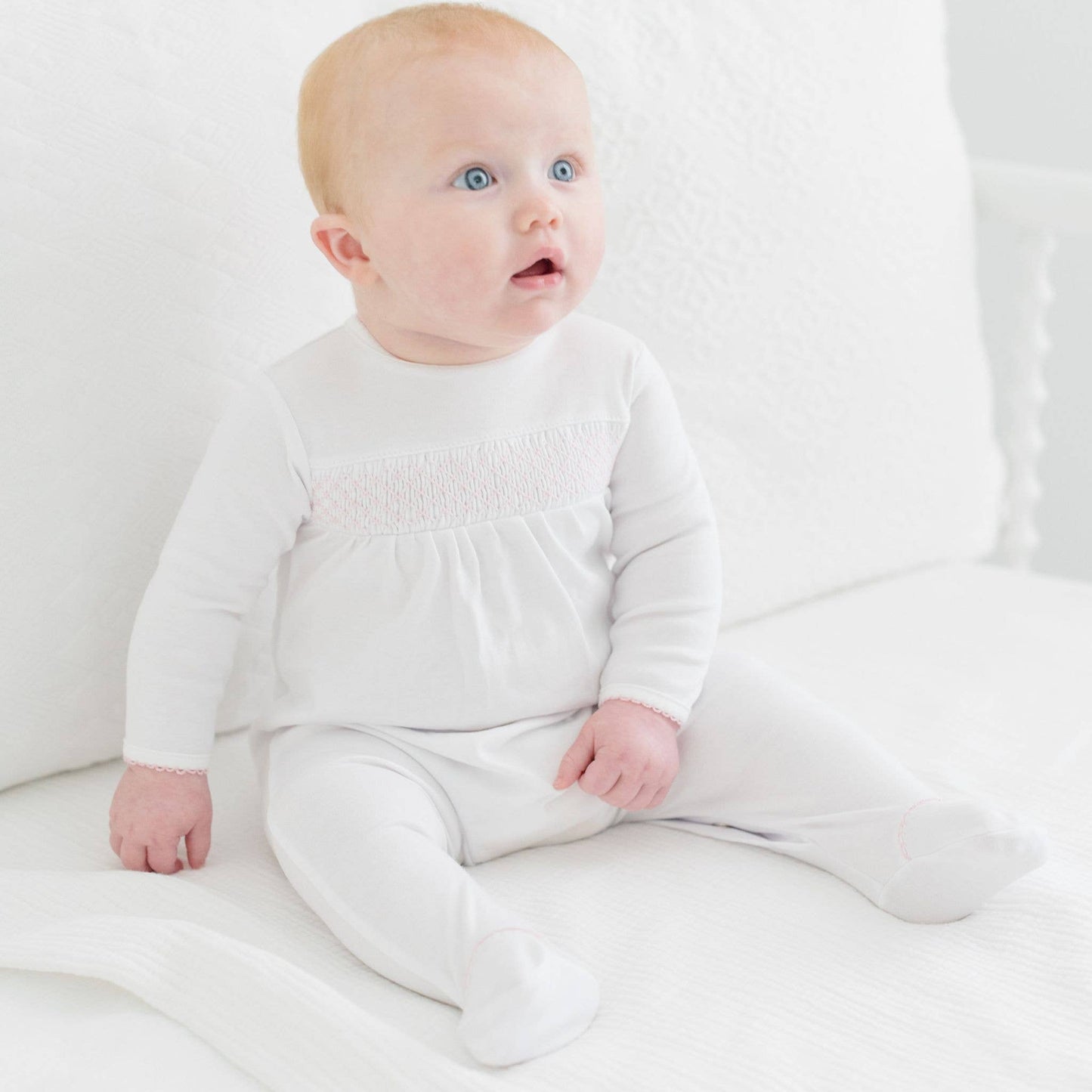 Magnolia Baby White with Pink Trim Smocked Footie